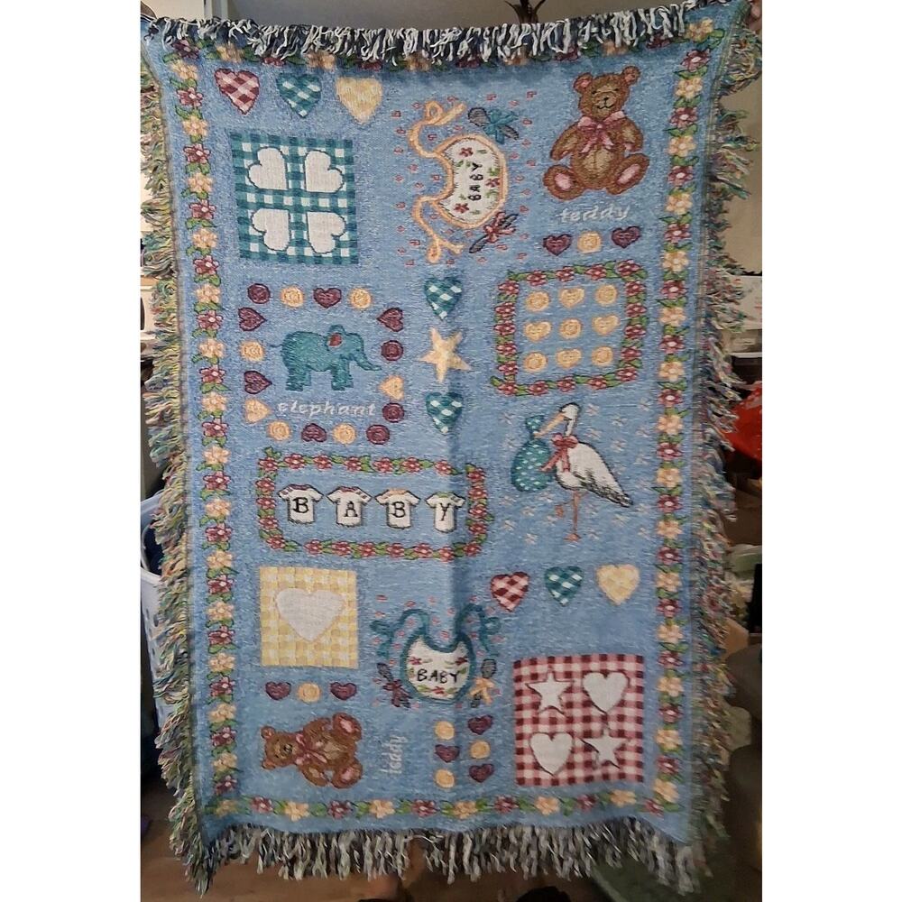 Baby Tapestry Crib Blanket Fringe TeddyB. Stork Elephant Flowers Hearts 32"x46"